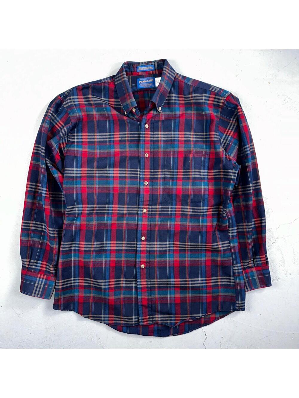 Sir Pendleton Shirt Mens Large Worsted Pure Virgin Wool Multicolor Plaid USA Red